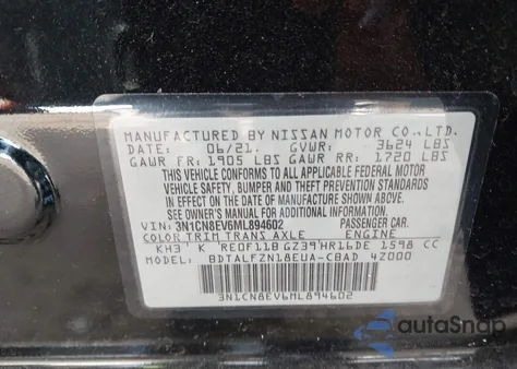 2021 Nissan Versa Sv Xtronic Cvt from USA, damaged, VIN 3N1CN8EV6ML894602